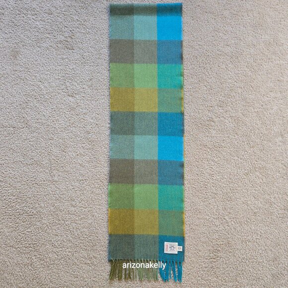 NWOT Avoca Wool Plaid Herringbone Blue Green Woven Scarf - Picture 3 of 14